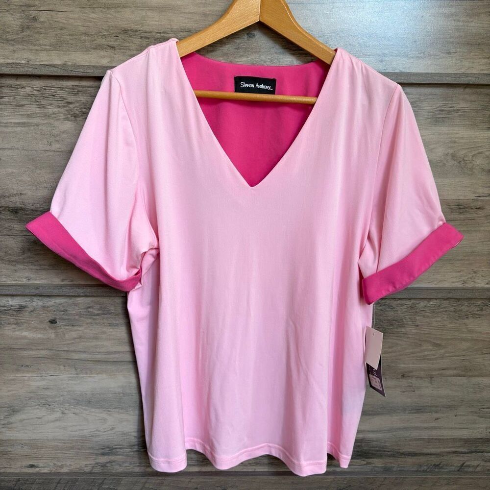 Sharon Anthony 1X Pink V-neck Blouse NWT Cuffed Short Sleeves Preppy Girly Retro